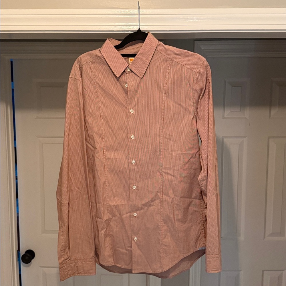 BOSS ORANGE Men's Casual Button Down Shirt - Red and white stripes